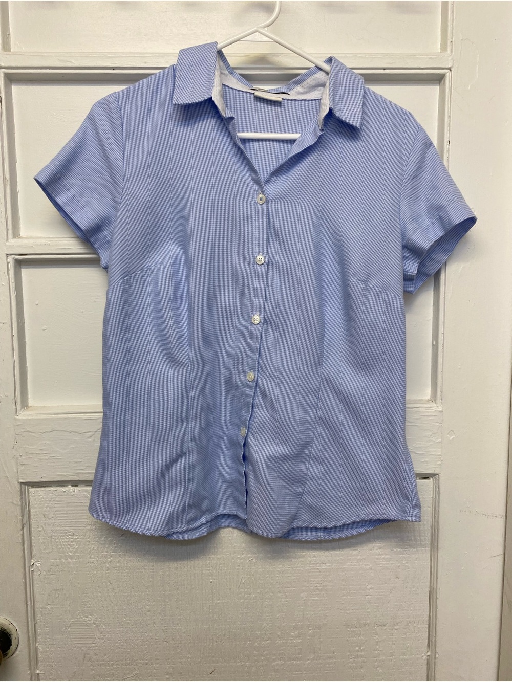 Van heusen Women's blue gingham short sleeve button down shirt top size Small